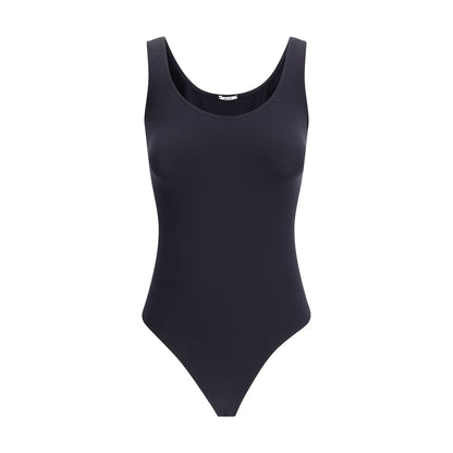 Wolford Black Polyamide Top, sleeveless bodysuit featuring seamless design and deep round neckline, sustainable Velvet circular knit fabric.