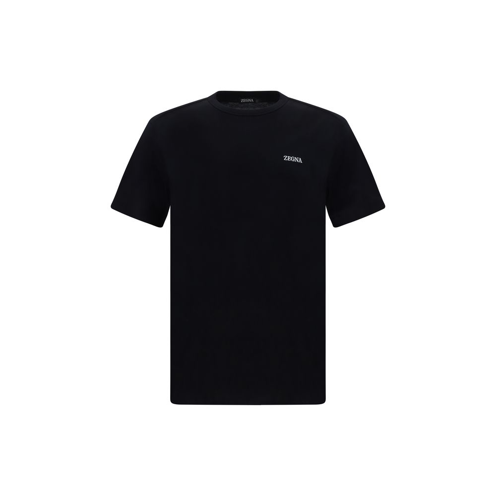 ZEGNA Black Cotton T-Shirt with ribbed crew neck, iconic monogram, regular fit, 100% cotton, made in Portugal, AW25 collection.