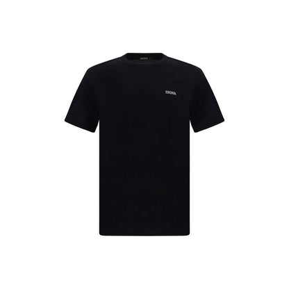 ZEGNA Black Cotton T-Shirt with ribbed crew neck, iconic monogram, regular fit, 100% cotton, made in Portugal, AW25 collection.
