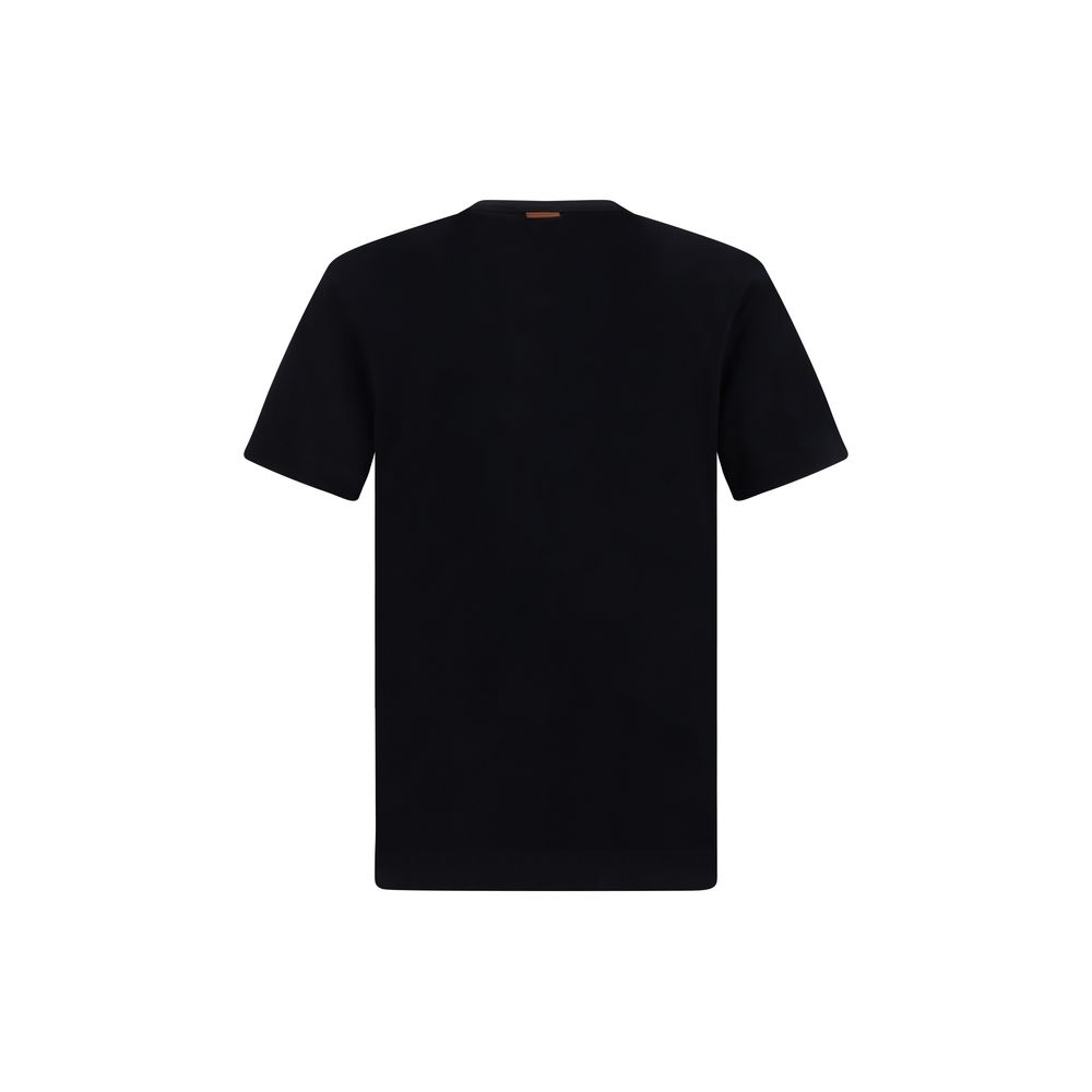 ZEGNA Black Cotton T-Shirt with ribbed crew neck and iconic brand monogram, regular fit, AW25, 100% cotton, made in Portugal.