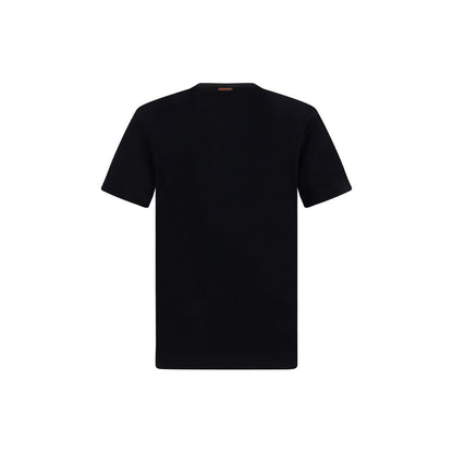 ZEGNA Black Cotton T-Shirt with ribbed crew neck and iconic brand monogram, regular fit, AW25, 100% cotton, made in Portugal.