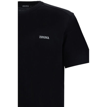 ZEGNA Black Cotton T-Shirt with ribbed crew neck and iconic monogram, 100% cotton, regular fit, made in Portugal.