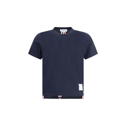 Thom Browne Blue Cotton T-Shirt with logo patch, ribbed crew neck, iconic colored bands, adjustable side slits, and vertical back bands.