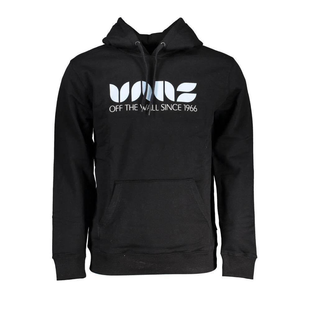 Vans Black Cotton Sweater with hood and logo print, long-sleeved sweatshirt featuring central pocket for stylish comfort.