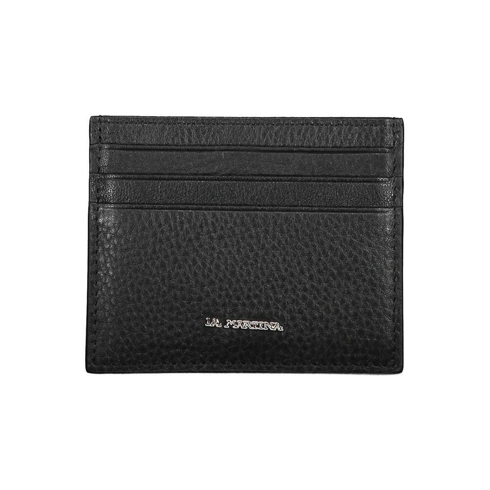 La Martina Black Leather Wallet with card holder and central pocket, featuring brand logo.