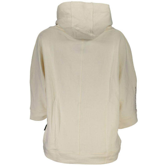 Back view of North Sails White Cotton Sweater with hood, 3/4 sleeves, two pockets, logo print, made from organic fibers.