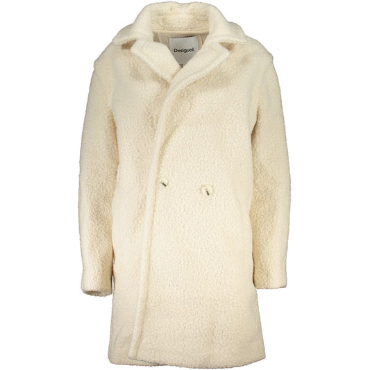 Desigual White Polyester Jackets & Coat, long-sleeved with 2 pockets and 2 buttons, featuring logo.