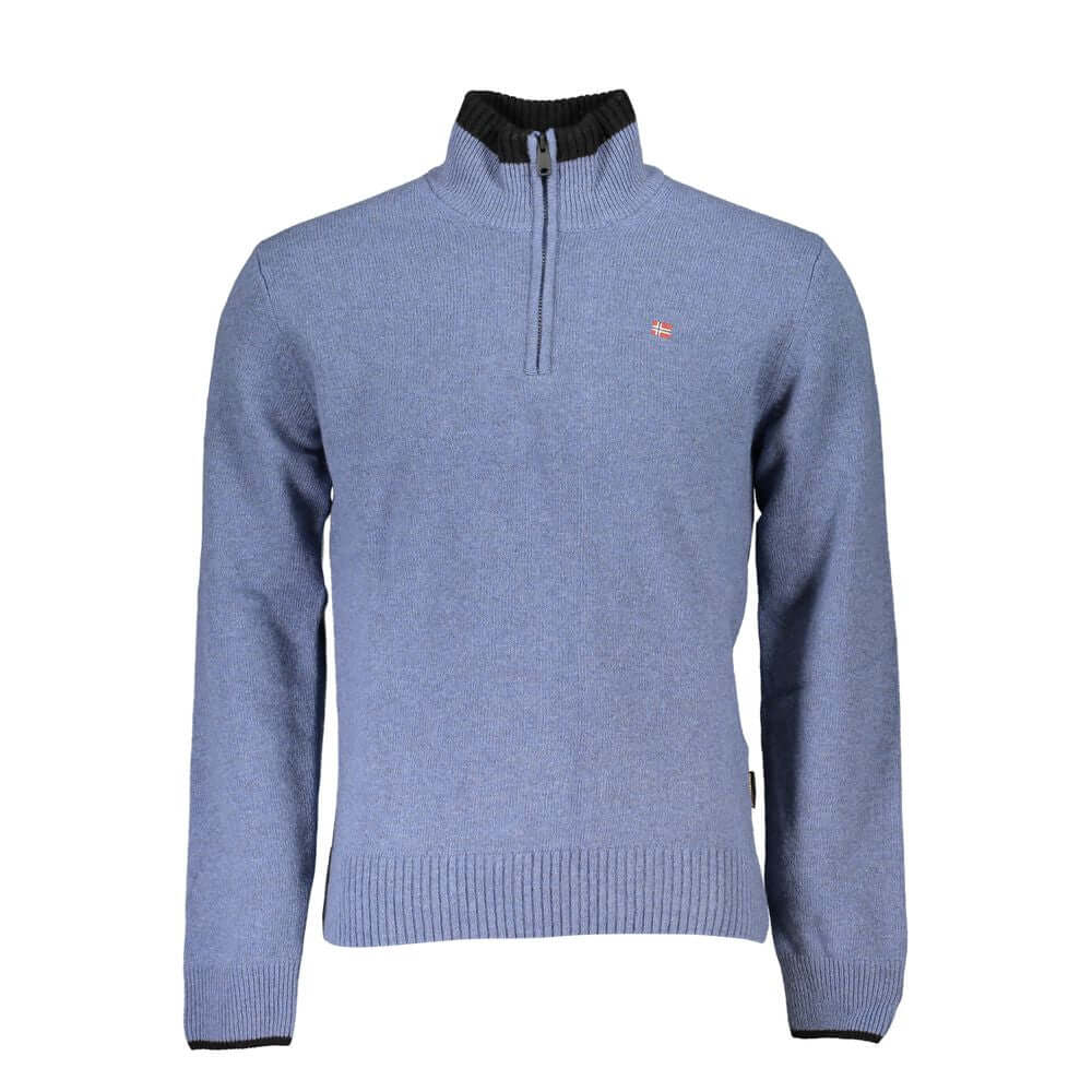 Napapijri Blue Fabric Sweater with long sleeves, regular fit, half zip, contrast details, embroidery, and logo