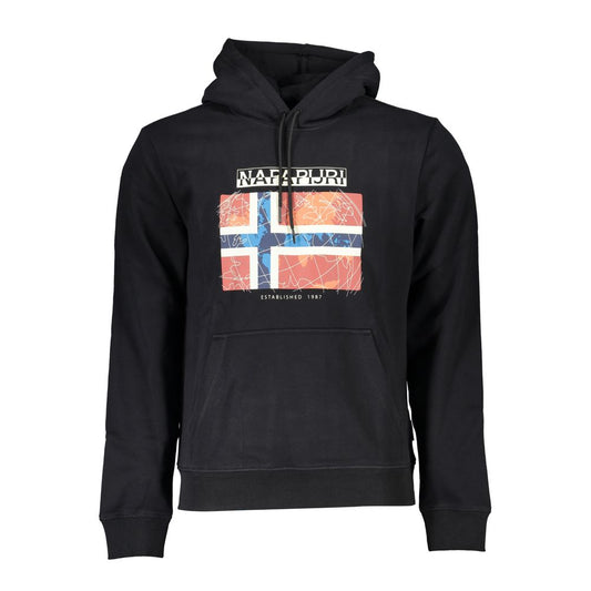 Napapijri Black Cotton Men's Hooded Sweater with logo and central pocket, showcasing bold style and comfort.