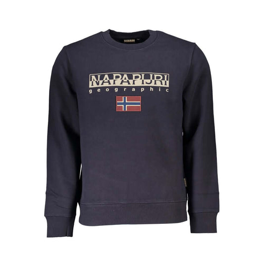 Napapijri Blue Cotton Sweater with long sleeves, crew neck, and logo design. Regular fit fleece for casual style.
