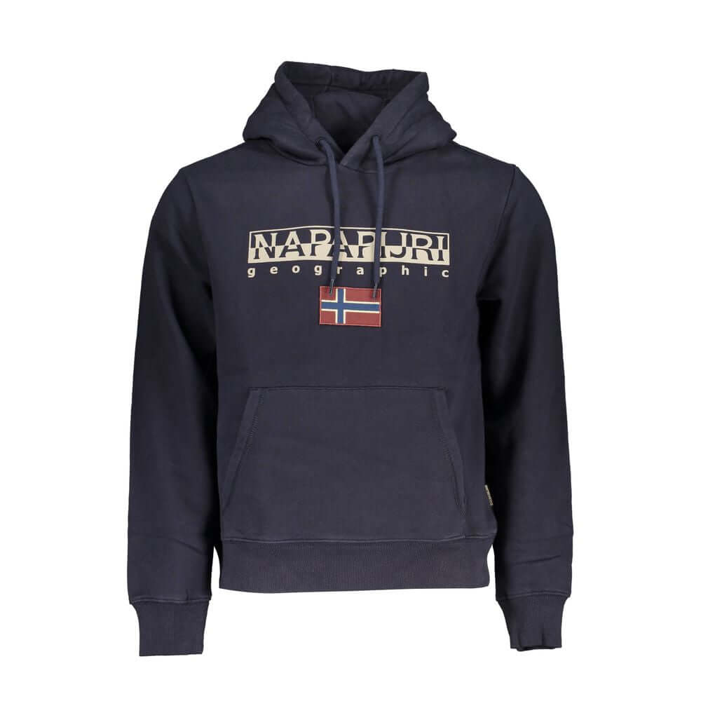 Napapijri Blue Cotton Sweater, long-sleeved hoodie with central pocket, logo print, and fleece material.