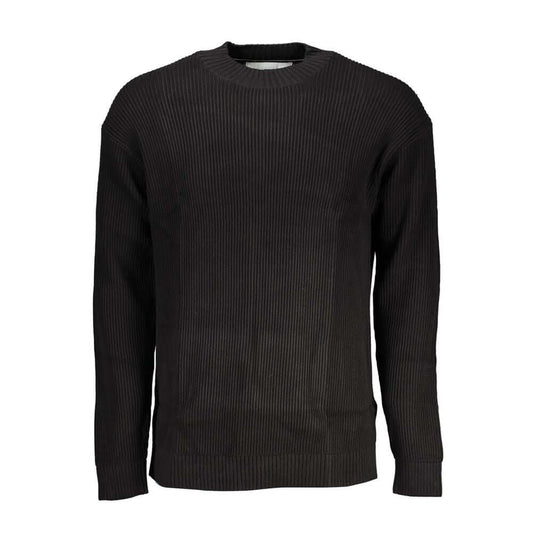 Calvin Klein Black Cotton Sweater, high neck, long-sleeved with logo embroidery, made from organic cotton. Ideal for stylish comfort.
