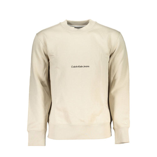 Calvin Klein Beige Cotton Sweater, long sleeve, crew neck, fleece interior with embroidery and logo.