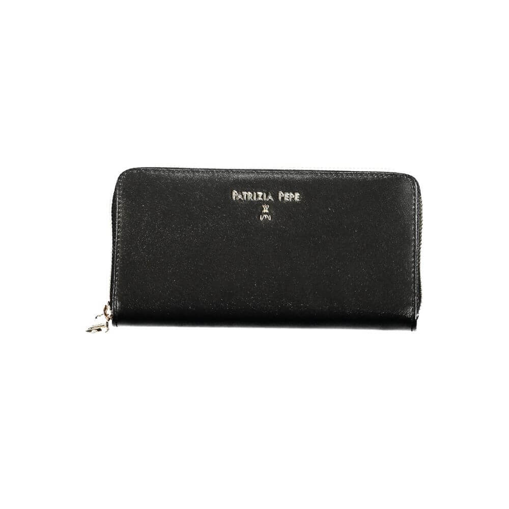 Patrizia Pepe Black Leather Wallet with zip closure, 6 compartments, dual card spaces, coin purse, and logo detailing.