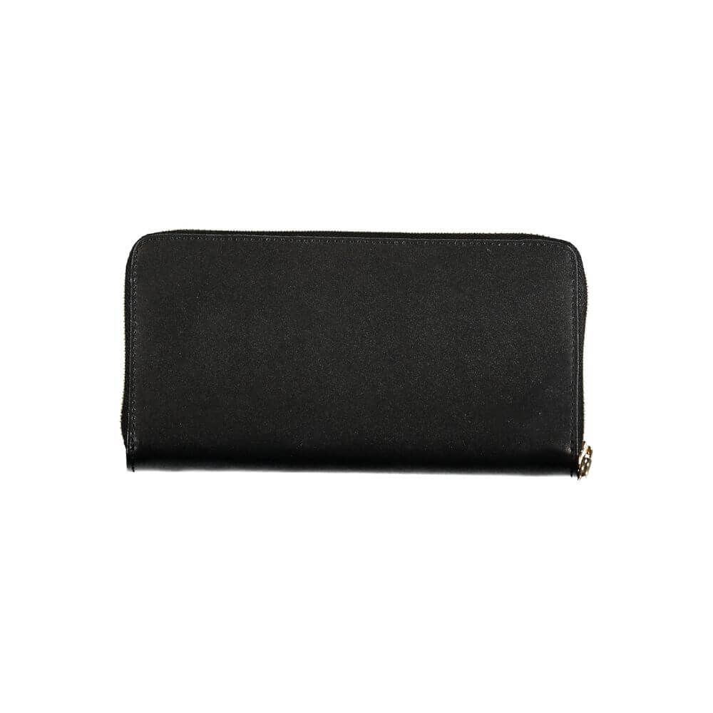 Patrizia Pepe Black Leather Wallet with 6 compartments, card spaces, coin purse, zip closure, and logo