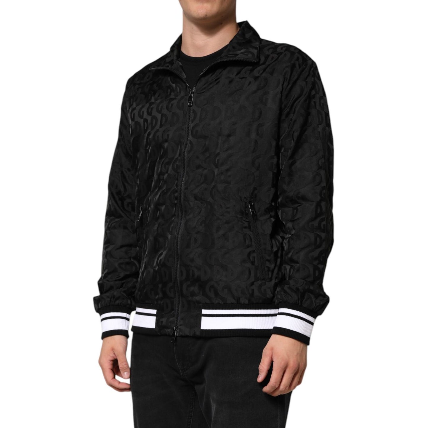 Dolce & Gabbana Black Jacquard Men Full Zip Bomber Sweater