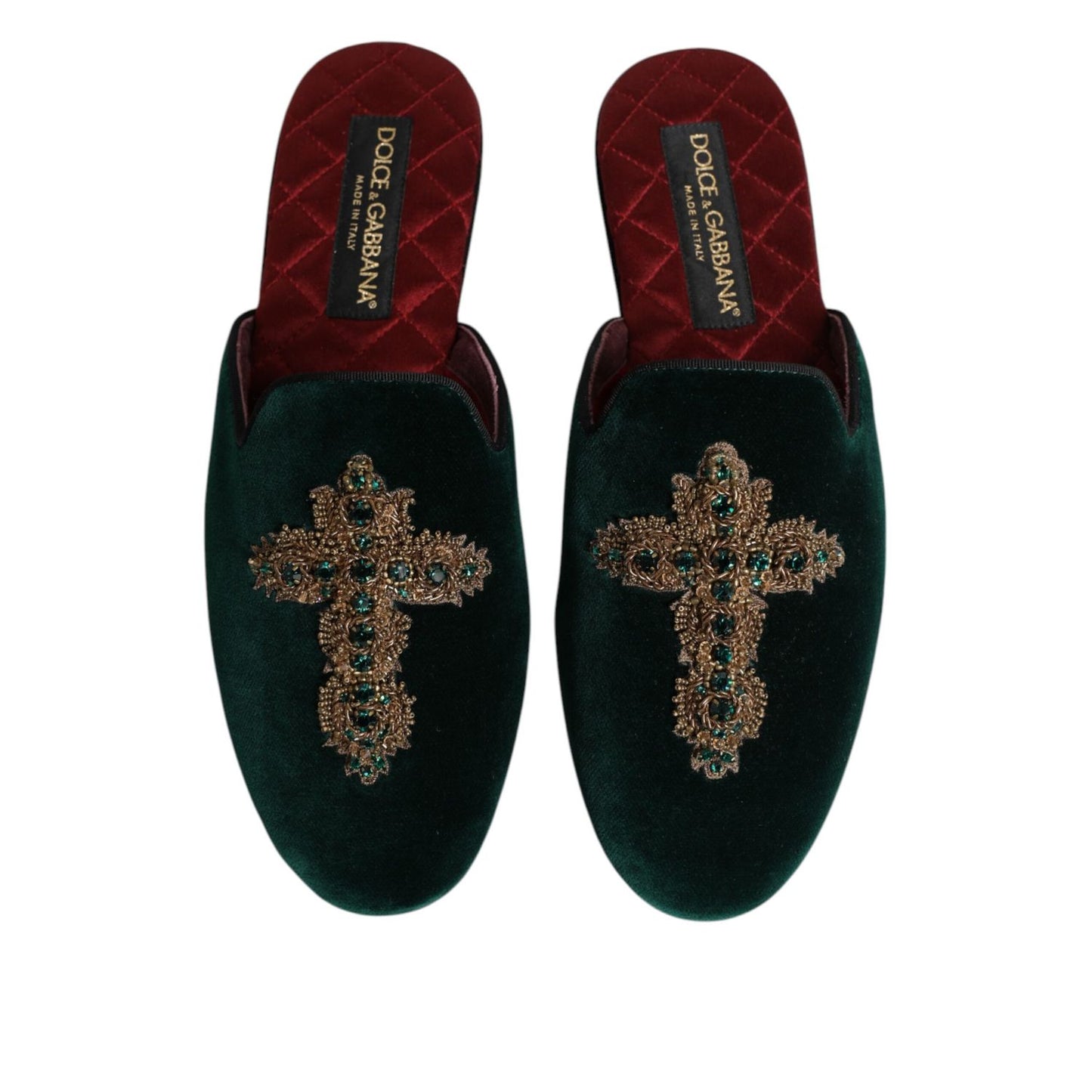 Dolce & Gabbana Green Velvet Cross Embellished Slippers Shoes