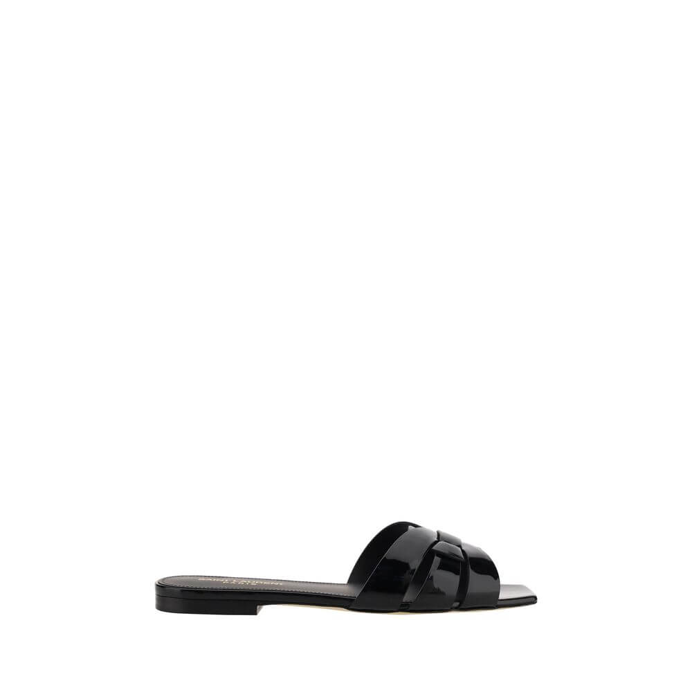Saint Laurent Black Calf Leather Bos Taurus Flat Sandals with woven front and logoed insole, AW25 collection, made in Italy.