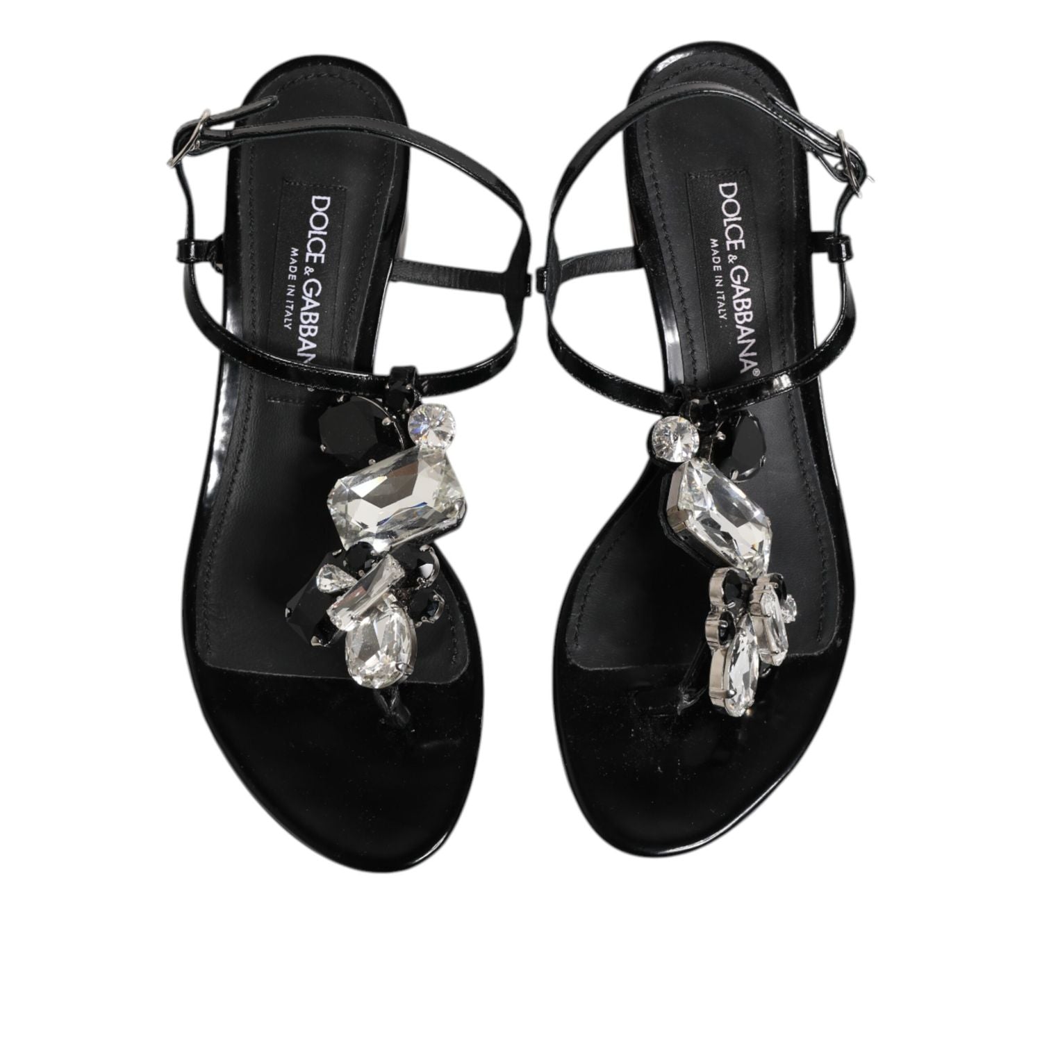 Dolce & Gabbana Black Leather Crystal Ankle Strap Sandals Shoes