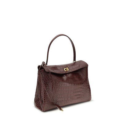 Balenciaga Brown Calf Leather Bos Taurus Handbag with crocodile-effect, single removable top handle, and dual compartment design.