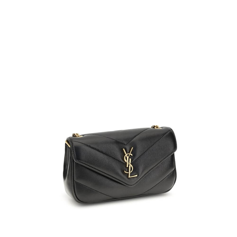 Saint Laurent Black Lamb Ovis Aries Aries Shoulder Bag with YSL logo, quilted leather design, and sliding chain handle.