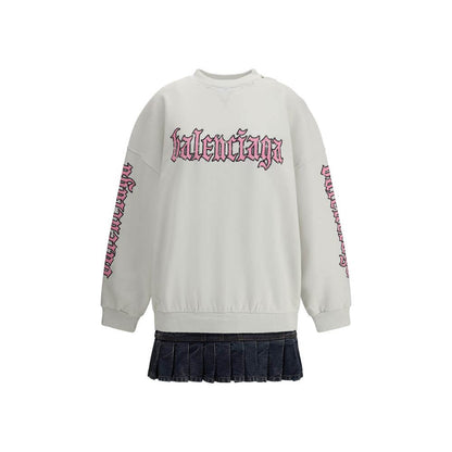 Balenciaga Multicolor Cotton Sweatshirt with logo, ribbed collar, cuffs, and denim pleated skirt for a casual-grunge style.