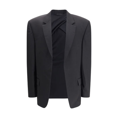 Balenciaga Black Wool Clothing deconstructed blazer with extended shoulders and classic lapels, featuring a contemporary oversized silhouette.