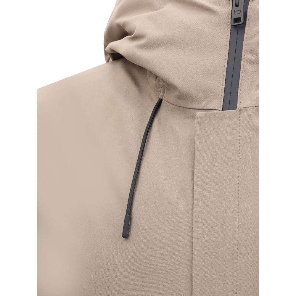 Close-up of Woolrich Beige Polyester Shell Jacket showing drawstring hood and double-slider zipper.
