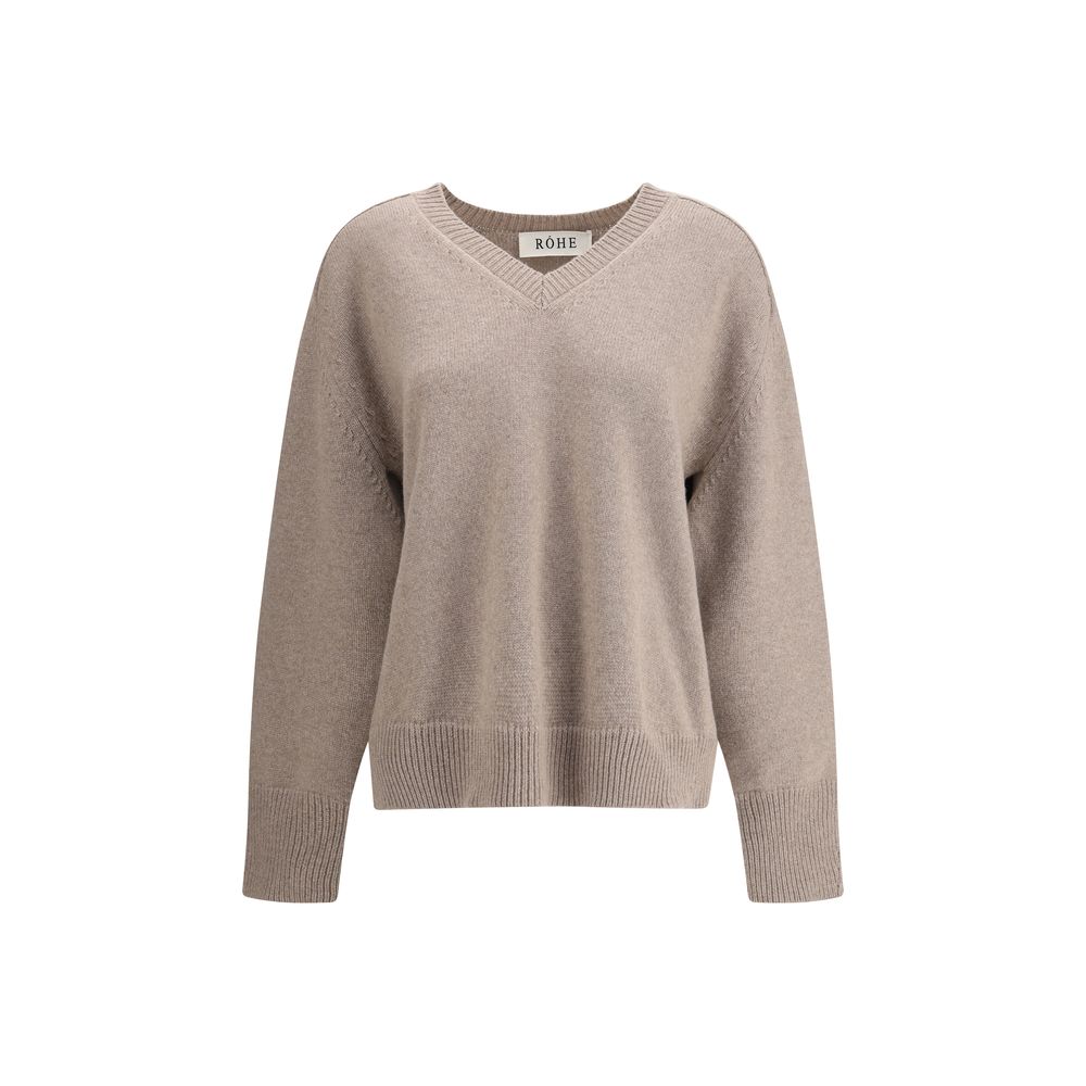 Rohe Beige Wool Sweatshirt with cashmere, ribbed V-neck, and modern cut-out sleeves for a minimal, refined style. AW25 season fashion.