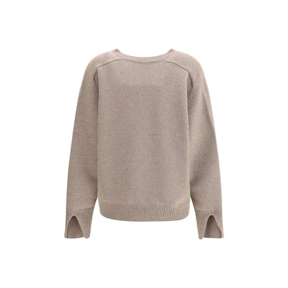 Rohe Beige Wool Sweatshirt with ribbed V-neckline and modern cut-out details