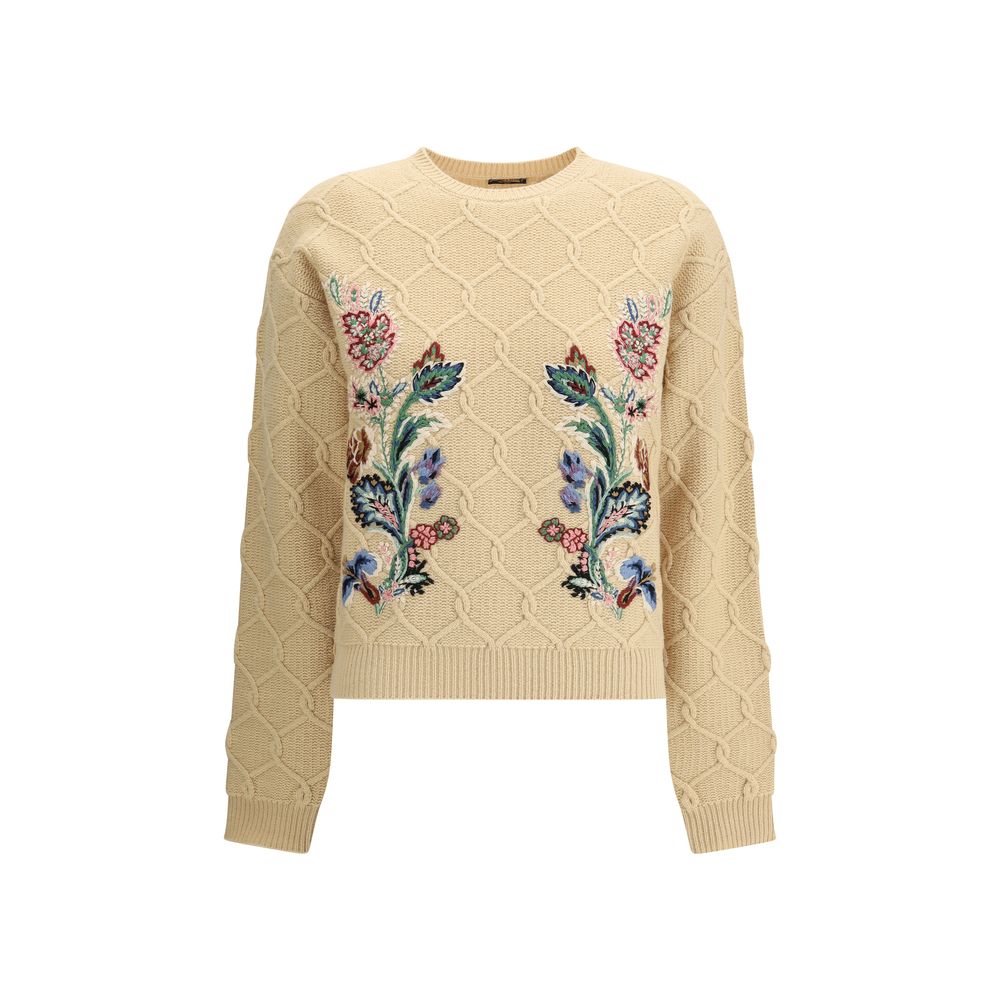 Etro Beige Wool Sweatshirt with floral embroidery and ribbed crew neck for AW25