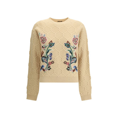 Etro Beige Wool Sweatshirt with floral embroidery and ribbed crew neck for AW25