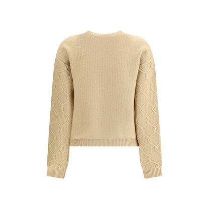 Etro Beige Wool Sweatshirt featuring ribbed crew neck and floral embroidery for elegant sophistication.