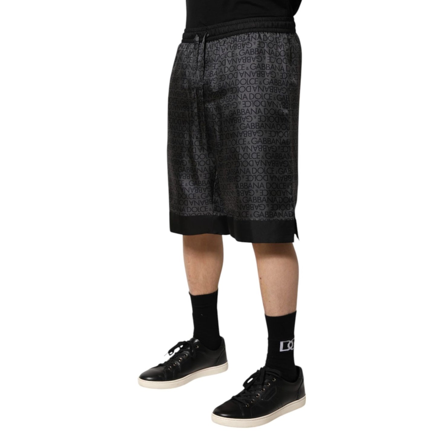Dolce & Gabbana Gray Black Silk DG Logo Men Bermuda Shorts