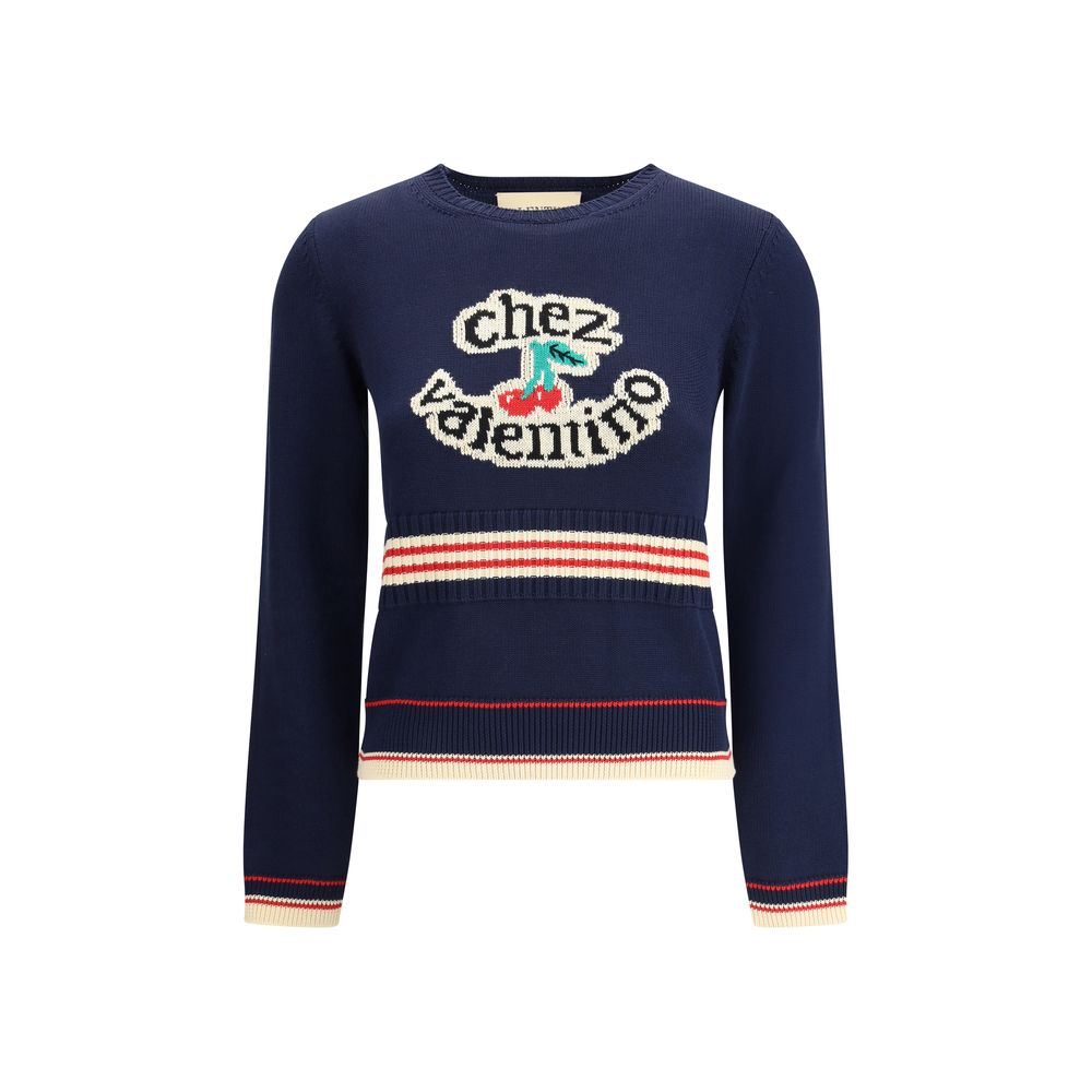 Valentino Blue Cotton Sweatshirt with Cherryfic embroidery, ribbed crew neck, cuffs and hem, made in Italy, pure cotton, AW25 collection.