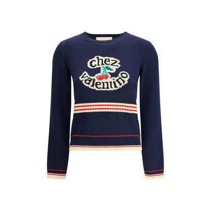 Valentino Blue Cotton Sweatshirt with Cherryfic embroidery, ribbed crew neck, cuffs and hem, made in Italy, pure cotton, AW25 collection.