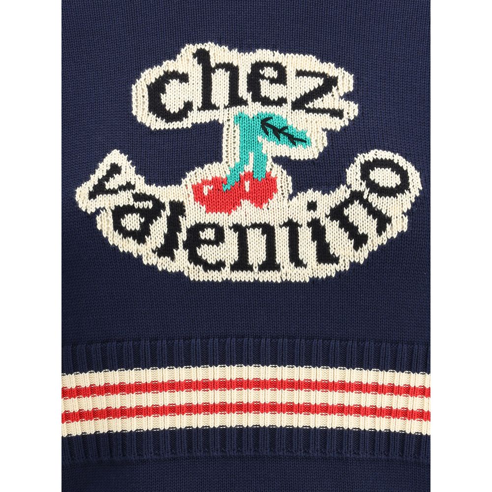 Valentino Blue Cotton Sweatshirt with Cherryfic embroidery and ribbed finish, made in Italy for AW25.
