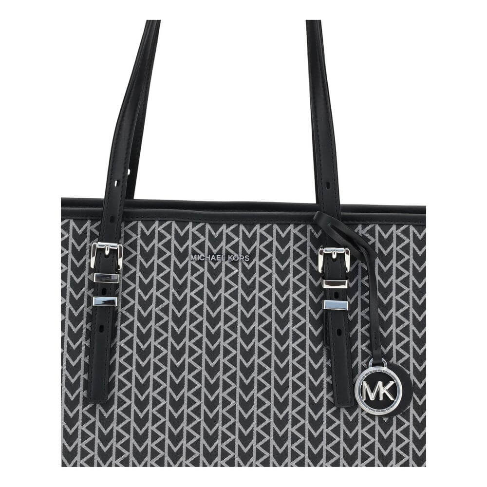 Michael Kors Black Polyester Shoulder Bag with jacquard logo and leather straps, shown in close-up with elegant design.