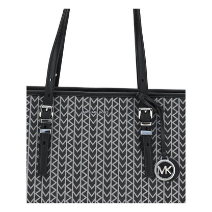 Michael Kors Black Polyester Shoulder Bag with jacquard logo and leather straps, shown in close-up with elegant design.