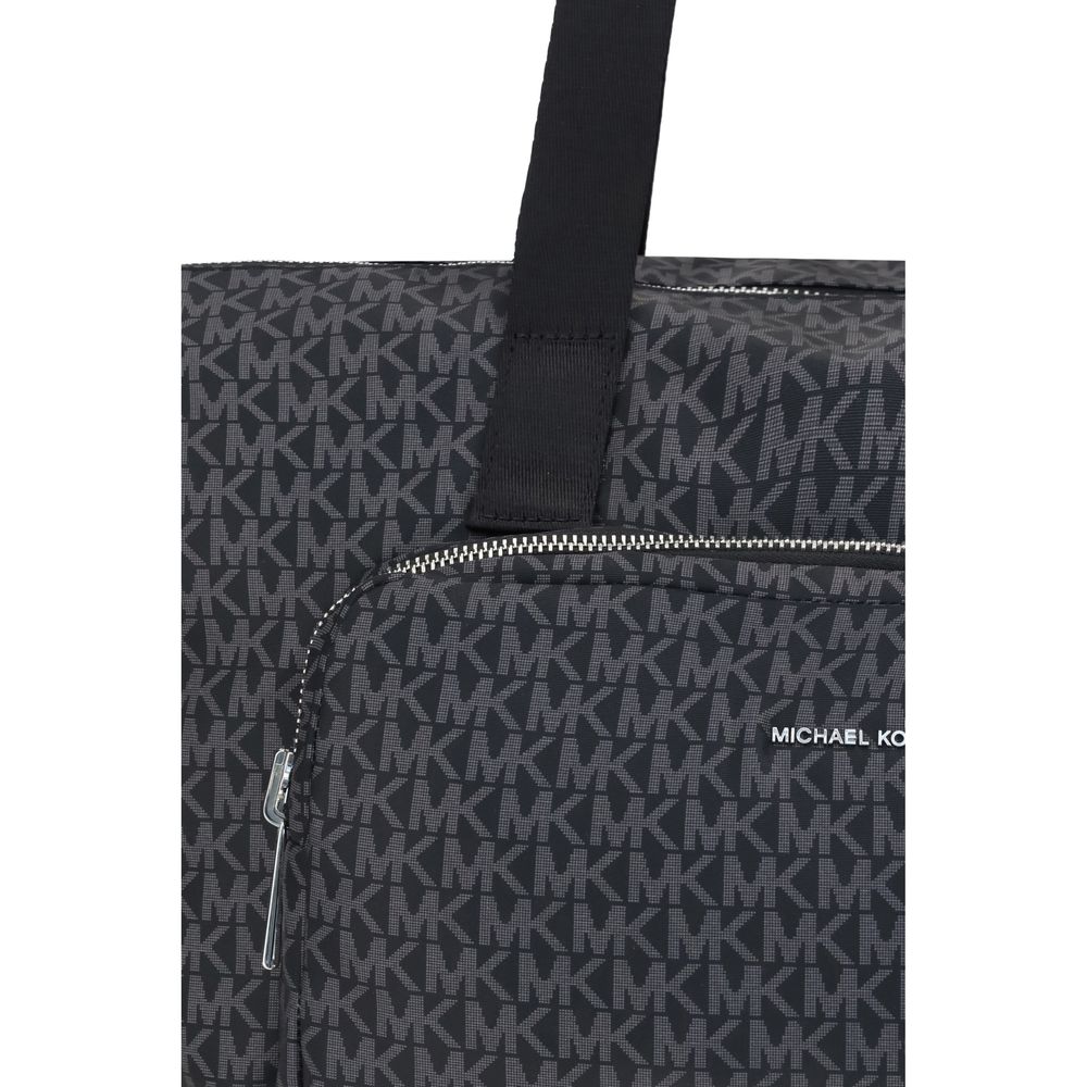 Michael Kors Black Polyester Shoulder Bag with iconic logo print and zippered closure, stylish for practical travelers.