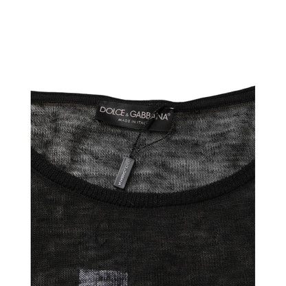 Dolce & Gabbana Black Linen Mesh Tattered Longsleeves T-shirt