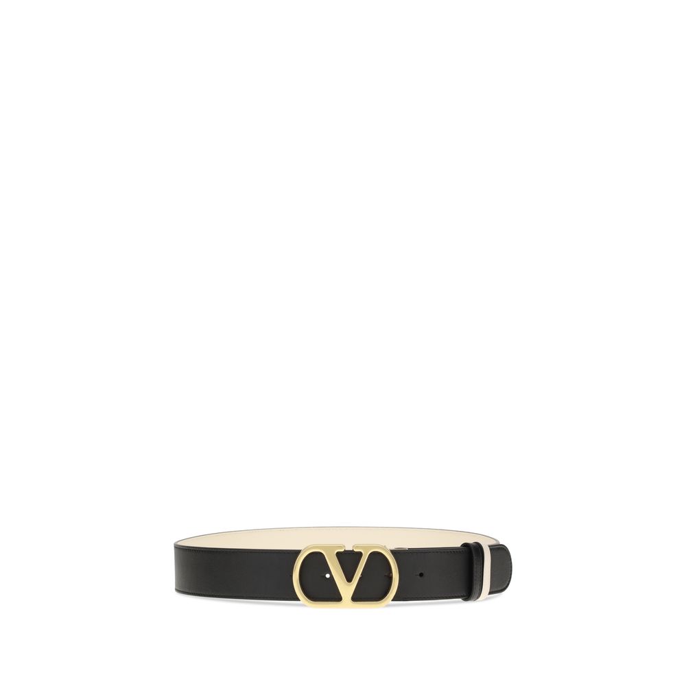 Valentino Garavani Black Calf Leather Bos Taurus Regular Belt with VLogo buckle, reversible for versatility and elegance, AW25 season.