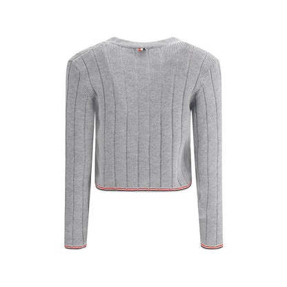 Thom Browne Gray Fleece Wool Cardigan, back view showing ribbed design and iconic colored bands on hem and cuffs.