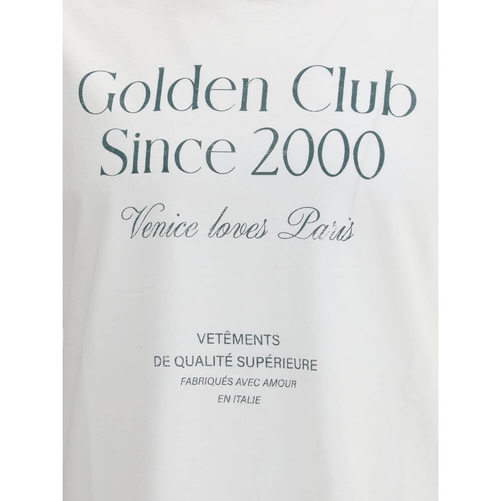 Golden Goose White Cotton T-Shirt with front monogram lettering and soft ribbed crew neck, offering a comfortable, contemporary style.
