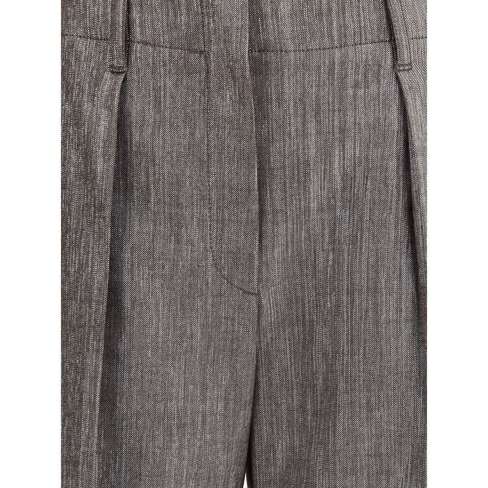 Close-up of Brunello Cucinelli Brown Polyester Casual Pants showcasing pleat detail and elegant fabric texture.