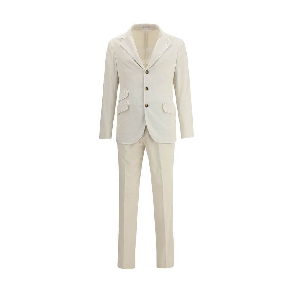 Brunello Cucinelli Cream Cotton Two-Piece Suit with blazer and trousers, elegant for formal occasions.