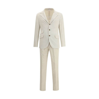 Brunello Cucinelli Cream Cotton Two-Piece Suit with blazer and trousers, elegant for formal occasions.