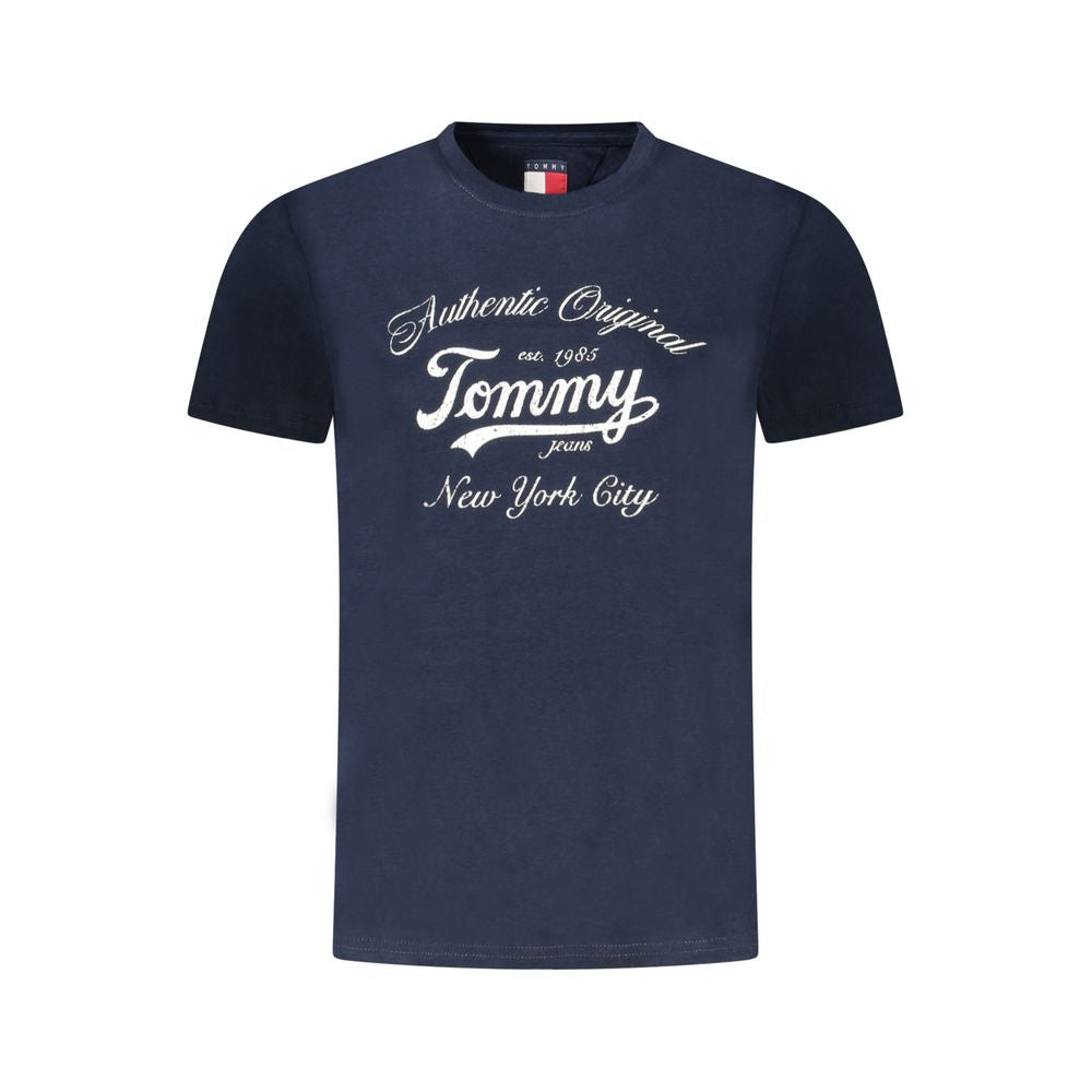 Tommy Hilfiger Blue Cotton Women T-Shirt featuring a white logo print, short sleeves, and sustainable materials for eco-conscious fashion.