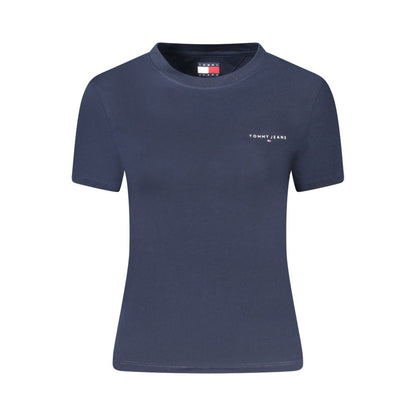 Tommy Hilfiger Blue Cotton Women T-Shirt with short sleeves and crew neck, featuring a bold print and Tommy logo on a crisp blue fabric.