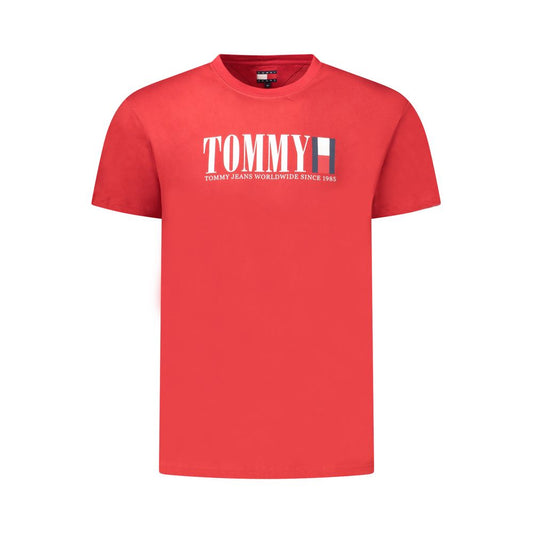 Tommy Hilfiger Red Cotton Men T-Shirt featuring the iconic logo, sustainable fashion, crew-neck, stylish and eco-conscious design.